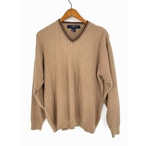 Cotton Traders Mens Medium Sweater Cable Knit Preppy Brown Lightweight V Neck